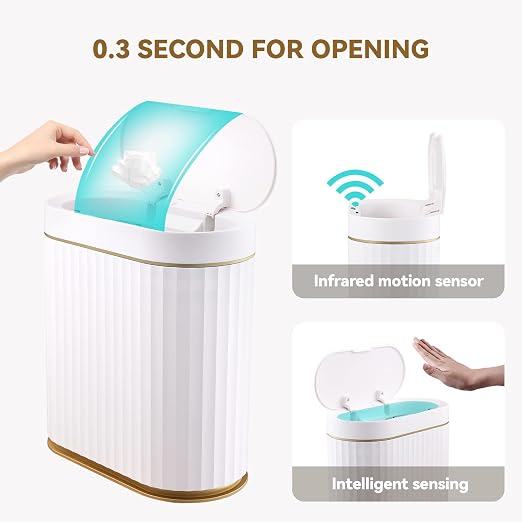 Bathroom Trash Can with lid 2.5 Gallon Motion Sensor White and Golden | Slim Wastebasket, Automatic Trash Bin Bathroom Decor for Bedroom and Office