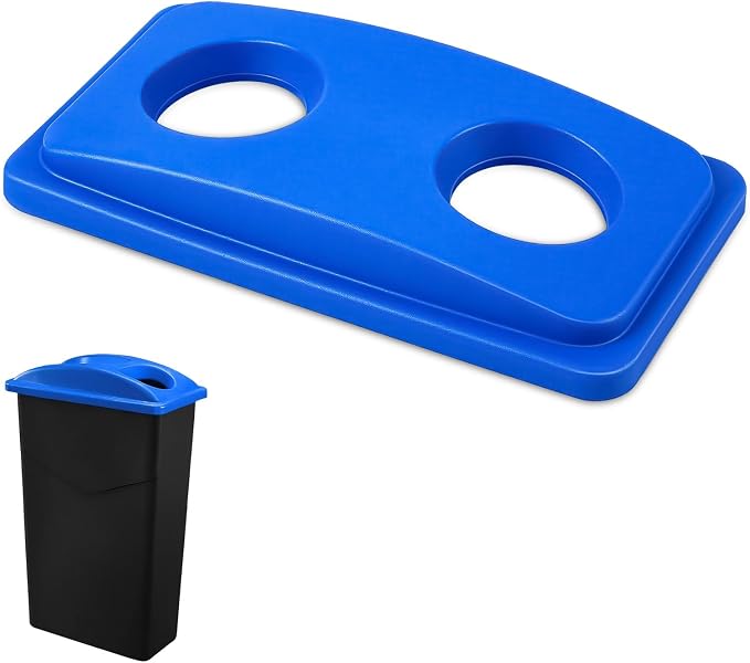 Maxdot 1 Pack Recycle Bin Lids Each with Two Bottles & Cans Openings, Blue | Plastic Fit 23 Gallon Slim Trash Can, for Waste Recycling Sorting, Kitchen Classrooms Offices Outdoor