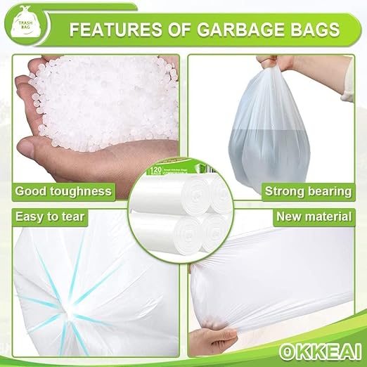 OKKEAI Small Trash Bags White 4 Gallon Bathroom Garbage Bags, 150 Count | Strong Trash Bags with, Wastebasket Liners for Office and Home Use