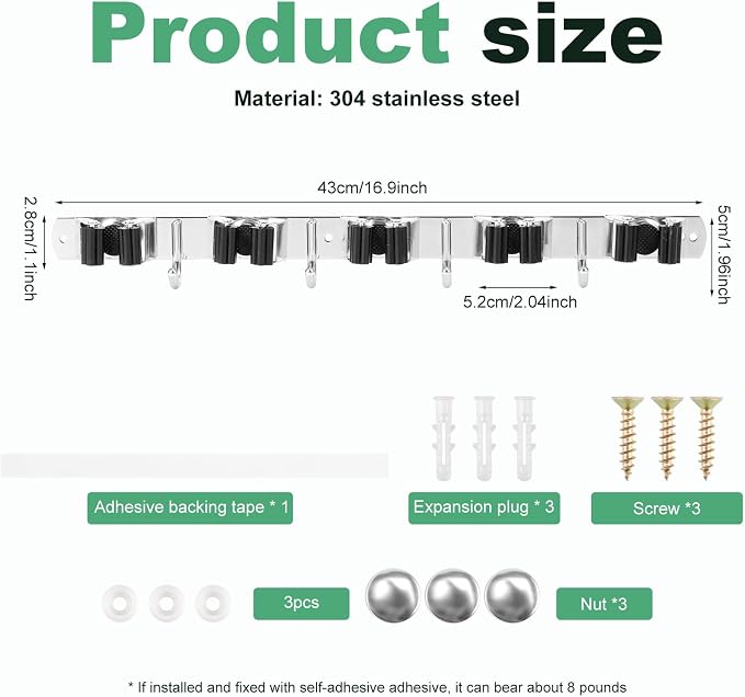 5 Pack Broom Holder Wall Mount, 5 Racks 4 Hooks, Stainless Steel | Anti Slip Storage Rack, Strong Load Bearing, Waterproof, Mop Organizer, For Bathroom Kitchen Garage