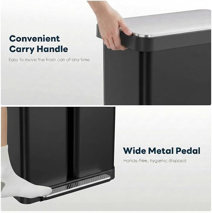 ComfyCorner 16 Gallon Dual Compartment Trash Can, Step-On Garbage Bin | Stainless Steel Hands-Free Recycling Rectangular Dustbin with Soft-close Lid, Removable Inner Buckets, for Kitchen Home