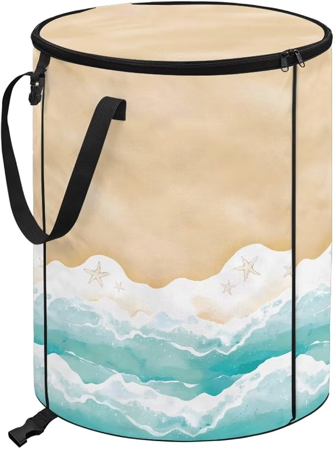 Collapsible Trash Can with Lid and Handle, Sandy Beach Print 24 Gallon Large Capacity Camping Trash Can Outdoor Picnics Stand-up Waster Bag Garden Leaf Bin