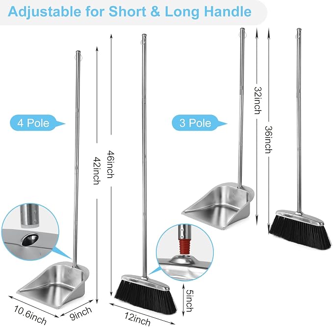 VOOWO Heavy Duty Broom and Dust pan Set, Stainless Steel Broom and Dustpan Set with Long Handle, Broom with Dustpan Set for Home Standing Dust Pan Indoor Outdoor Brooms Dustpan