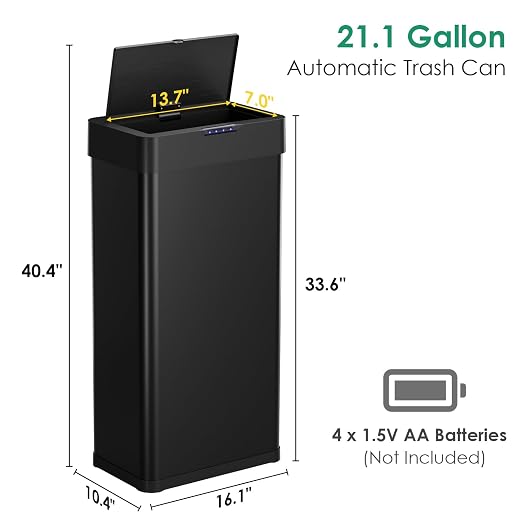 Arlopu Automatic Trash Can, Sensor Motion Stainless Steel Garbage Bin | Touchless Smart Waste Bin, W/Stay-Open, Soft Close Lid, Display Light for Kithchen, Living Room, Office (Black, 21.1gal)