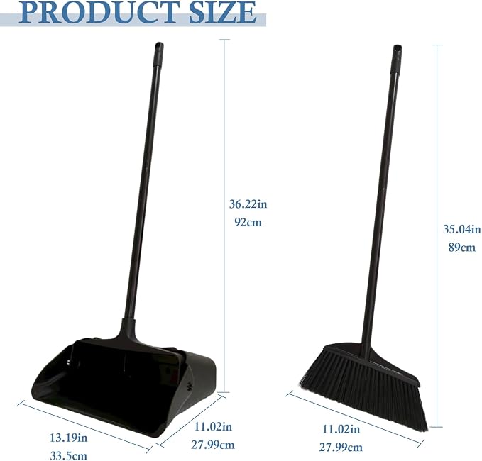 Broom and Dustpan Set， Dust Pan and Broom Combo | Long Handle and Wheels, Upright Standing，Heavy Duty，Large， for Indoor Outdoor, Kitchen, Garage, Restaurant Cleaning –Black
