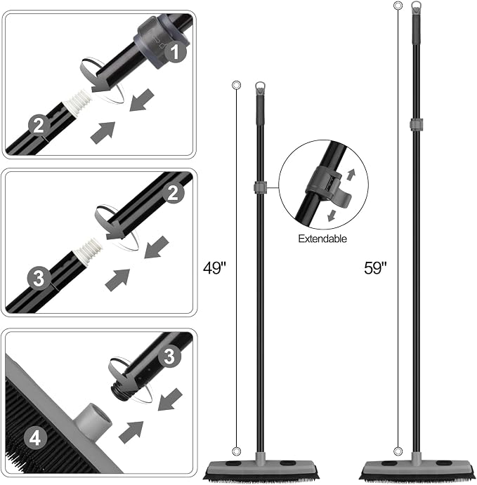 Pet Hair Removal Rubber Broom with Squeegee with 59" Long Handle | Carpet Rake for Pet Hair, 59" Telescoping Long Handle, Fur Remover Rake for Carpet, Hardwood Floor,Tile