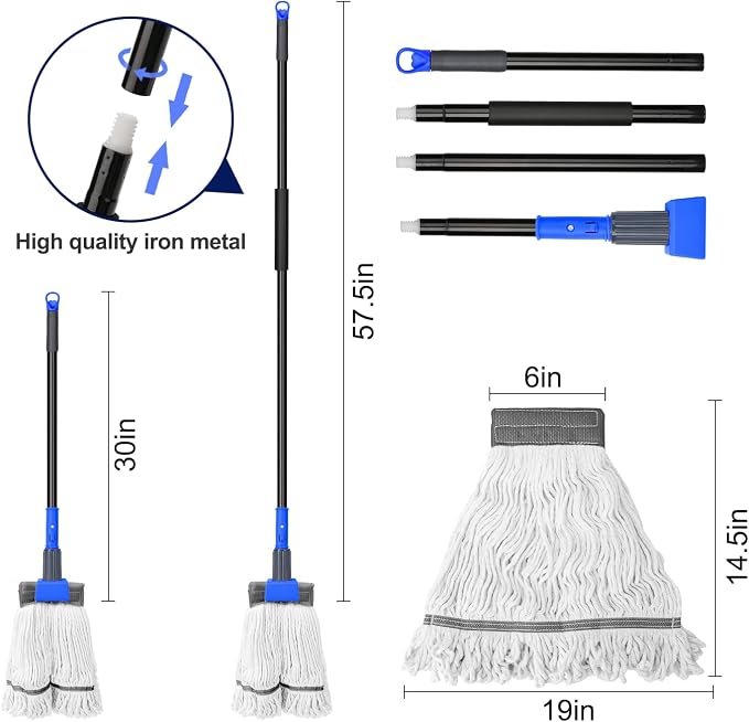 KeFanta Heavy Duty Mops for Floor Cleaning,60" Commercial Industrial Mop | Long Handle, Looped-End String Cotton Wet Mop for Home, Kitchen, Garage, Office and Concrete/Tile Floor