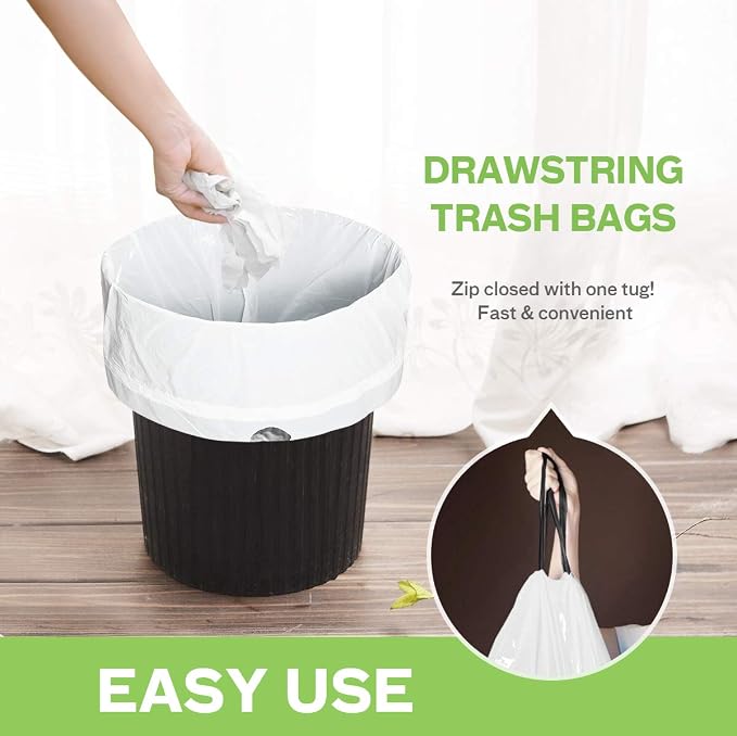 3 Gallon Small 140 Counts Strong Drawstring Trash Bags Garbage Bags by Teivio, Bathroom Trash Can Bin Liners, Plastic Bags for home office kitchen, White