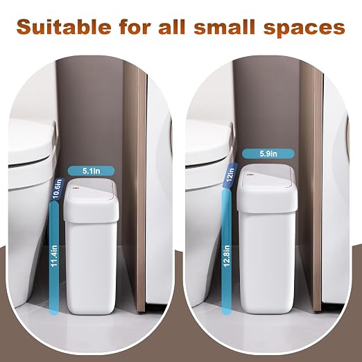funest 2 Pack Bathroom Trash Can with Pop-Up Lid,3 Gallon & 2.7 Gallon Small Spaces Plastic Garbage Can,Slim Wastebasket for Bathroom, RV, Office, White