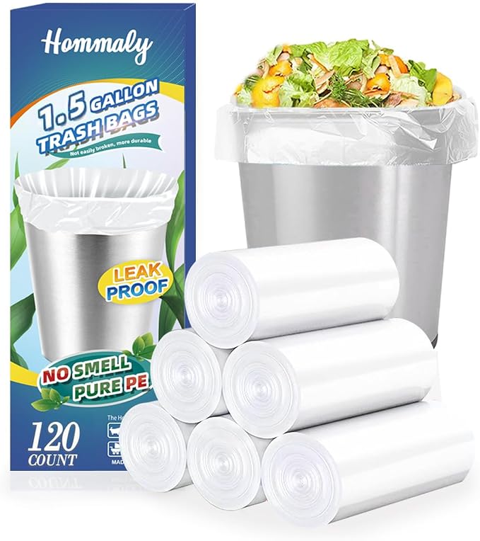 1.5 Gallon 120 pcs(1.5-1.6 Gal) Small Clear Trash Bags, Strong 1.5 Gallon 1.6 Gallon Garbage Bags, Bathroom Trash Can Bin Liners,Mini Bags Waste Basket Liner,Fit 6 Liter, 1.5-1.6 Gal (1.5C120)