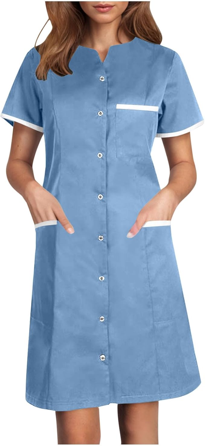 Scrubs Dress for Women - Button Front Nursing Workwear - Casual Housekeeping Dresses with Pockets