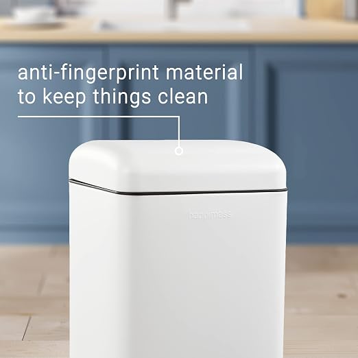 happimess Betty 8 Gal Step Trash Can Soft-Close Lid, Cotton White | Fingerprint Resistant, Removable Liner, Semi-Rectangular, Steel Pedal, Iron Powder Coated, 27" Height, Non-Skid Base
