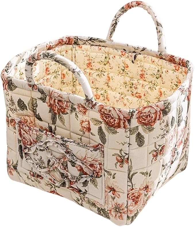 Foldable Laundry Boho Floral Quilted Storage Bin Basket with Handles for Clothes, Car Organizer, Collapsible Hamper ，12
