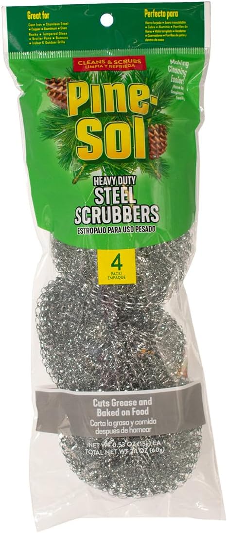 Pine-Sol Heavy-Duty Stainless Steel Scrubbers | Won’t Rust or Splinter | Scrub Sponges for Cast Iron, Oven Racks, Grills, 4 Pack