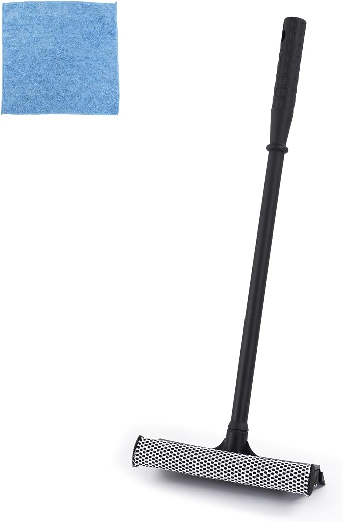 Matthew All Purpose Window Squeegee w/Premium Microfiber Cloth,Car Squeegee Windshield Cleaning Sponge and Rubber Squeegee,2-in-1 Window Cleaner Sponge(10'') and Soft Rubber with Pole 20''(1Pack)