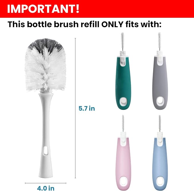 Bottle Brush Replacement Head for OXO Bottle Brush Tot Only, 2 Pack | Bottle Brush Refills, Dual Bristle Design for Baby Bottles, Water Bottles, Glasswares