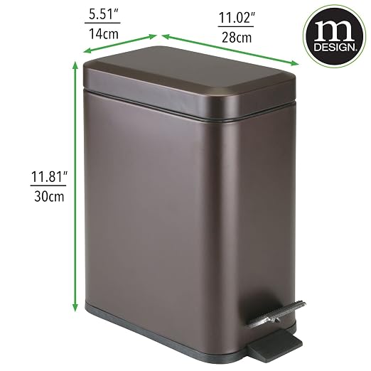 mDesign Small Modern 1.3 Gallon Rectangle Metal Lidded Step Trash Can, Compact Garbage Bin with Removable Liner Bucket and Handle for Bathroom, Kitchen, Craft Room, Office, Garage - Bronze
