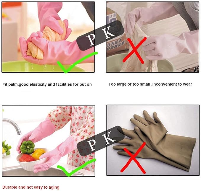 Rubber Latex Waterproof Dishwashing Gloves,Long Cuff and Flock Lining Household Cleaning Gloves 2 Pair