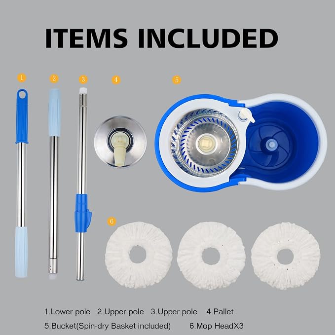 Spin Mop and Bucket with Wringer Set, 3 Microfiber Mop Heads, 61" Handle | 360° Spinning Mop System with Stainless Steel Adjustable Handle & 3 Microfiber Replacement Heads for Floor Cleaning