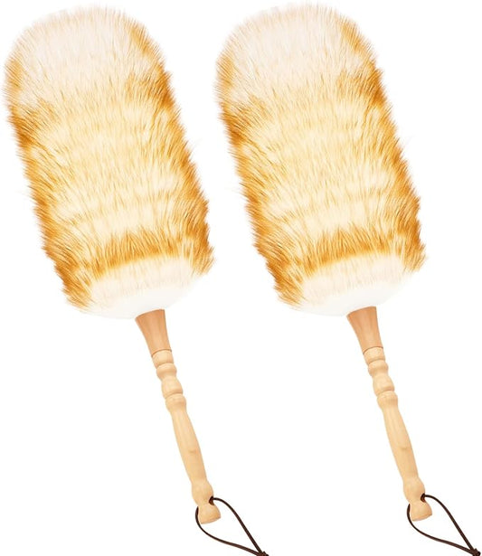 Lambswool Duster for Cleaning with Solid Wooden Handle Leather Hang Strap 19.6 inch Natural Feather Duster for Cleaning Ceiling Fans Window Blinds Computer Furniture(2 Pack)
