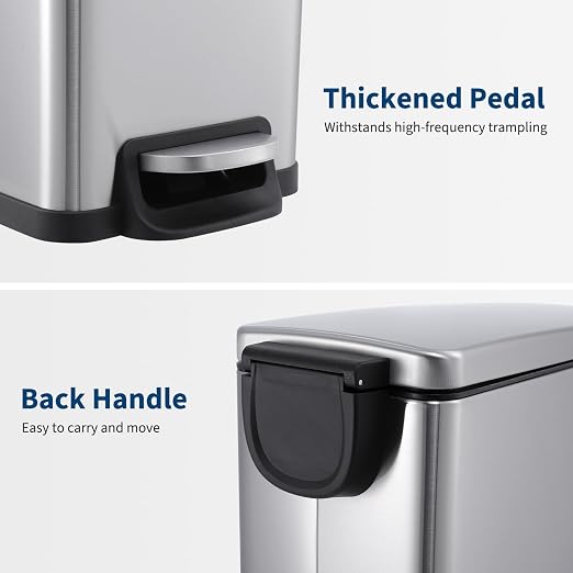 Trash Can Set, 12 Gal and 2.6 Gal, Soft-Close Step Lid, Silver | Removable inner buckets, liner rings, stay-open function, odor-sealing lids and fingerprint-resistant stainless finish