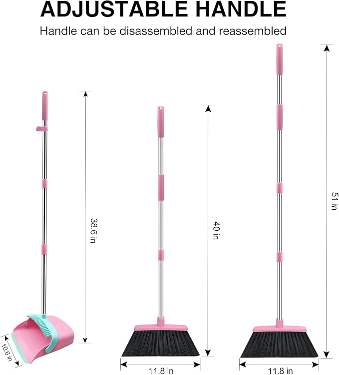 Broom and Dustpan Set, 52-in Long Adjustable Handle Broom Dustpan Combo with Dust pan Teeth to Automatically Clean Hair Suitable for Home Kitchen Office Hall Floor (Pink&Blue), 2 Pack
