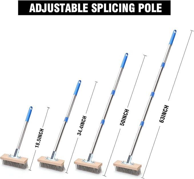 MAXMAN Wire Scrub Brush 2PCS, 63" Stainless Steel, Patio Floor Cleaning | 12" Brush Heads, Heavy Duty Large Wire Brush, Stiff Metal Bristle Floor Scrubber, Wire Broom for Deck, Concrete, Moss Removal
