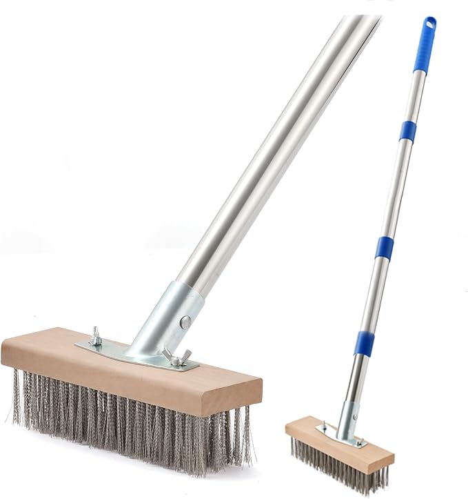 MAXMAN Wire Scrub Brush, 63"Stainless Steel Bristle, Outdoor Patio Cleaning | Long Handle, Heavy Duty Large Wire Brush, Stiff Metal Bristle Floor Scrubber, Wire Broom for Deck, Concrete, Moss Removal