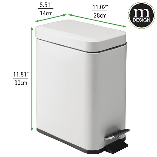 mDesign Pedal Bin — Waste Bin with Pedal, Lid and Plastic Bucket Insert Perfect for Bathroom, Kitchen, and Office — Metal Household Rubbish Bin with Ergonomic Design — Light Grey