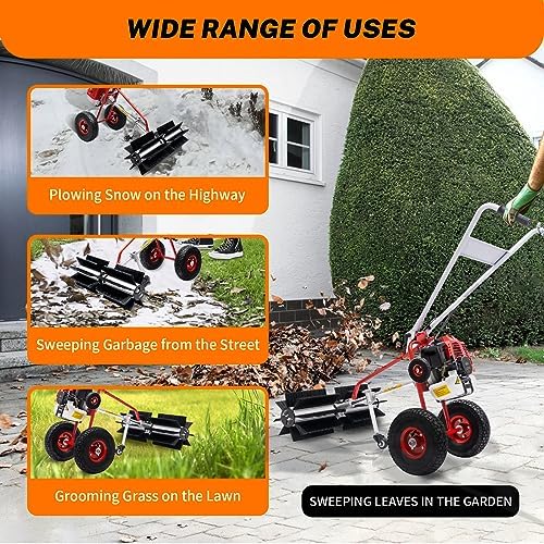 43CC 1.7HP 2-Stroke Gas Power Brush Broom Sweeper Driveway Turf Grass Snow Cleaning Grit, 1250W Artificial Grass Brush Power Broom Handheld Portable Turf Lawn Sweeper