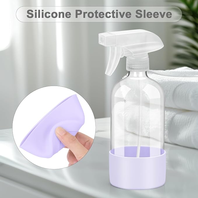 Glass Spray Bottles - 2 Pack 16 oz Clear Spray Bottles with Silicone Sleeve | Adjustable Nozzle, Mist/Stream, Refillable, Leak-proof, Anti-slip, Perfect for Hair, Cleaning Solutions, Plants, Purple