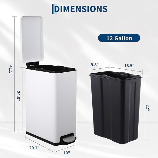 Jojoka Slim Narrow 12 Gallon/45L Stainless Steel Trash Can with Lid, Step Pedal Garbage Can, Soft Close Stay Open Lid, Space Saving Bin with Removable Inner Bucket for Kitchen, Bathroom,White