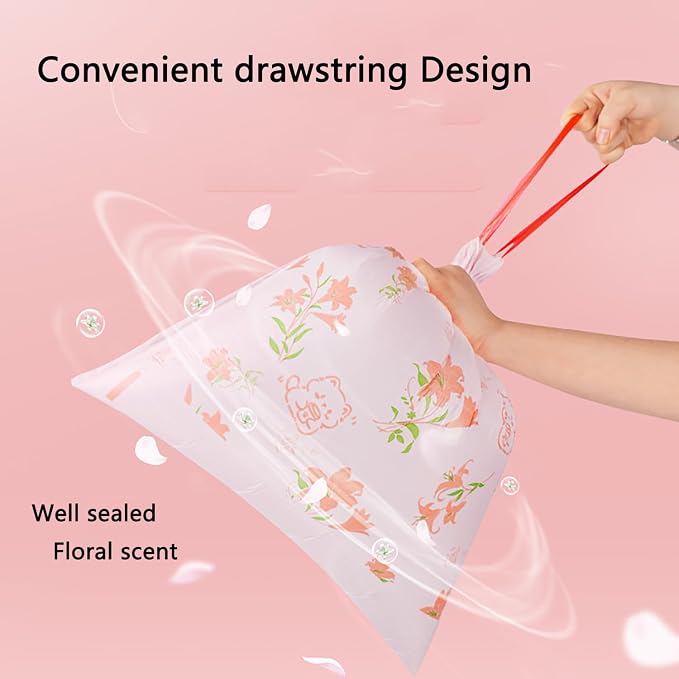 4 Gallon Small Trash Bags 312pcs Tearing-Free Drawstring for Bathroom Office Home Bedroom Trash Can with Pink Lily Printed Garbage Basket Bags