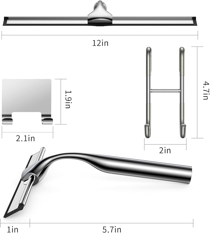 Shower Squeegee for Glass Door Stainless Steel Bathroom Squeegee Window Wiper, Includes Shower Door Hook, Adhesive Hook, and Spare Silicone Blade for Window Mirror Car 12-Inch