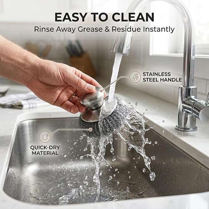 Steel Wool Scrubber with Handle & 5 Refills, 8-Piece Cast Iron Scrubber Kit with 2 Pan Scrapers, Heavy Duty Stainless Steel Scrubber for Kitchen Sink, Grill, Griddle, and Pots