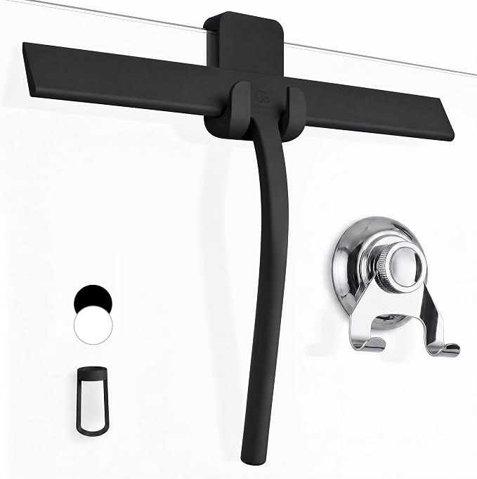 Silicone Shower Squeegee with 3-in-1 No-Drill Mount, Black, 13'' | Squeegee for Glass Doors & Mirrors with Stainless Steel Core, Streak-Free & No-Squeak Window Cleaning, Hook/Suction/Adhesive