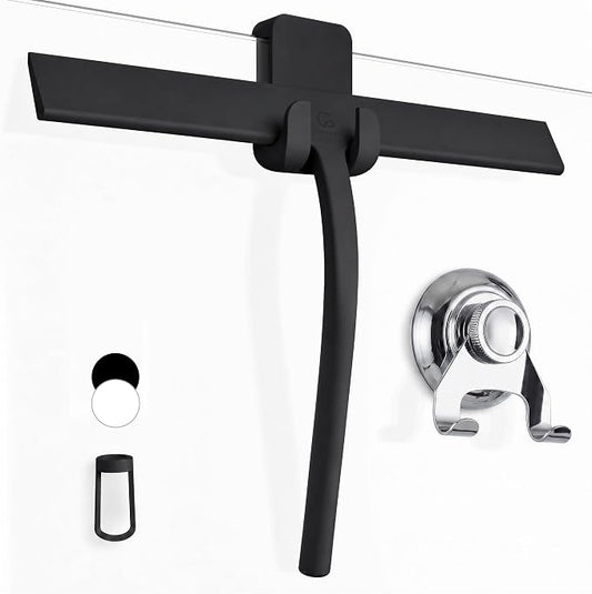 Silicone Shower Squeegee with 3-in-1 No-Drill Mount, Black, 13'' | Squeegee for Glass Doors & Mirrors with Stainless Steel Core, Streak-Free & No-Squeak Window Cleaning, Hook/Suction/Adhesive