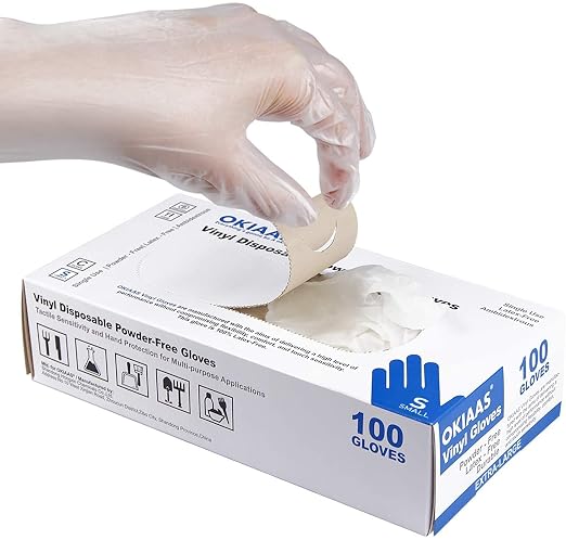 OKIAAS Clear Vinyl Disposable Gloves, Latex-Free, Powder-Free | Food Safe, 100 Count Disposable Gloves for Food Prep, Cooking, Cleaning, Hair Dye, Kitchen