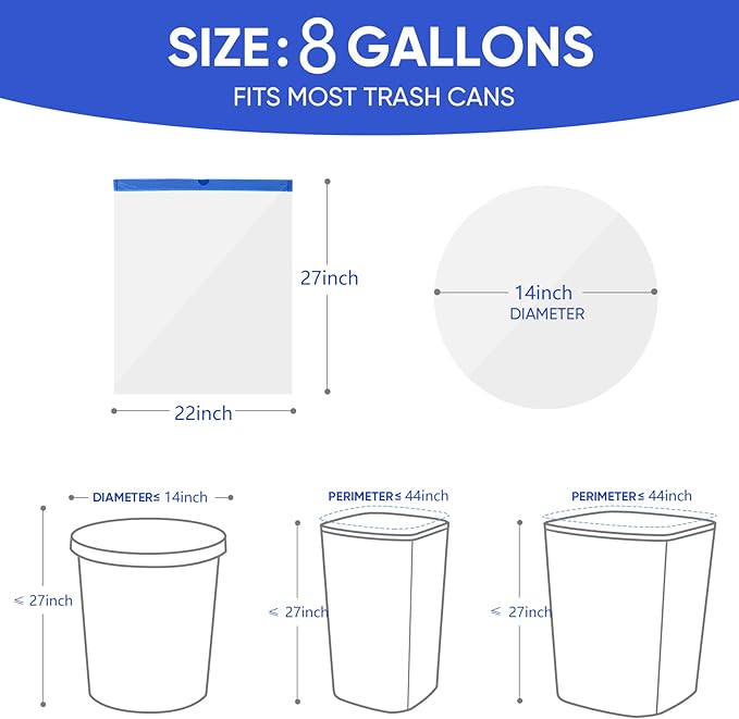 Trash Bag 8 Gallon Medium Drawstring Garbage Bags for 8 Gallon Trash Cans, Kitchen Bedroom Bathroom Living room Office Restaurant Thickened Stretchy (60 Count)