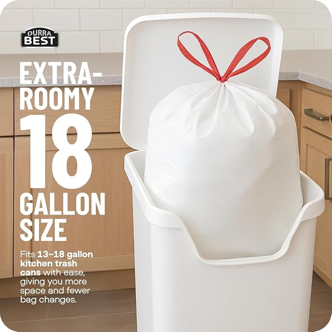 Heavy-Duty Trash Bags – 144 count, 18 Gallon Black, Ultra Thick Drawstring Garbage Bags – Leak-Resistant for Home & Commercial Use, Big Trash Bags, Made in USA