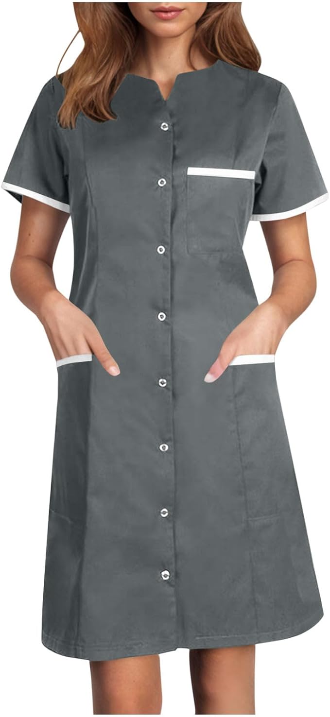 Scrubs Dress for Women - Button Front Nursing Workwear - Casual Housekeeping Dresses with Pockets