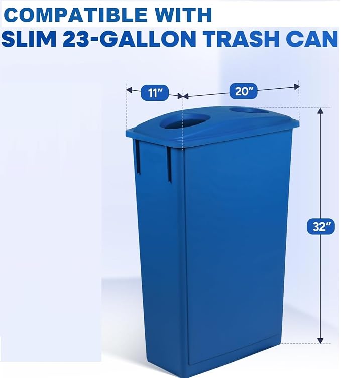 Plexon, Blue Recycling Lid for 23 Gallon High, Narrow Trash Cans with Paper Slot, Outdoor, 2 Pack