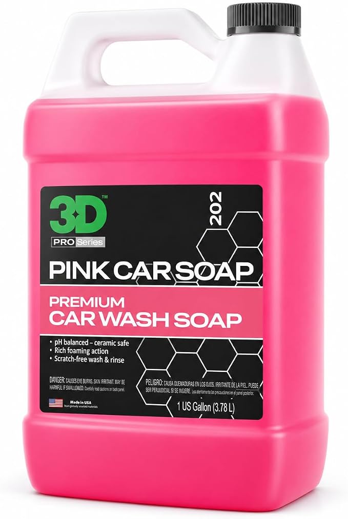 3D Pink Car Wash Soap, 1 Gallon – High Suds pH Neutral Car Shampoo, Cherry Scent, Safe for Ceramic Coatings, Wax & Sealants, Leaves a High Gloss Finish