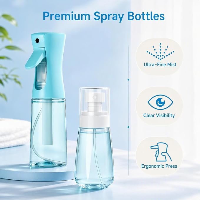 2 Pack Spray Bottles, 6.8oz(200ml) Continuous Spray Bottles & 2oz(60ml) Travel Spray Bottle, Refillable Pink Water Sprayer for Hairstyling, Barbers, Plants, Cleaning, Skincare (blue)