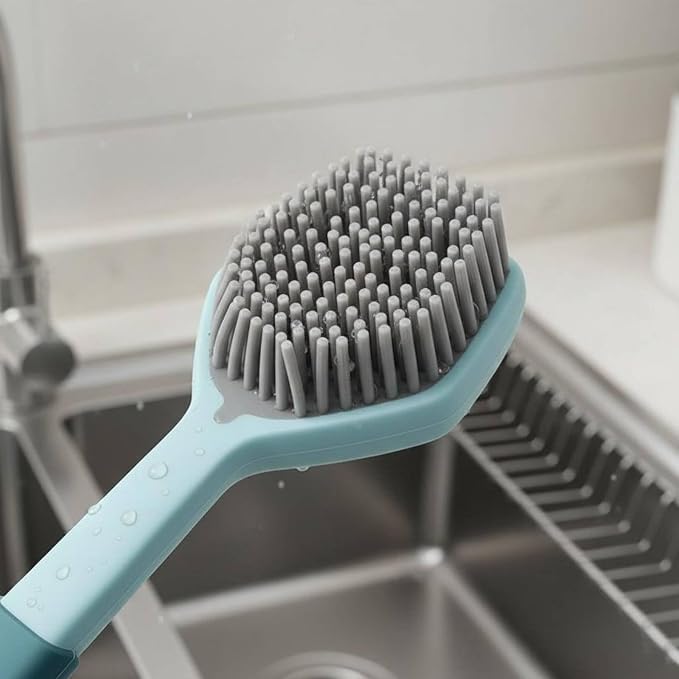 Silicone Dish Brush Kitchen Scrubber Pot Cleaner Pan Long Handle Soft Silicone Bristles Non Slip Grip Suitable for Home Cleaning Dish Washing Office Break Rooms, Orange