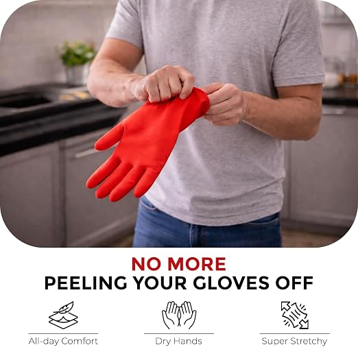 LADWA 2 Pairs Non-Slip Household Cleaning Reusable Dishwashing Gloves for Kitchen Washing Dishes Bathroom Gardening & Home Tasks Flexible Long-lasting & Waterproof Gloves Perfect for Woman Men (Red)