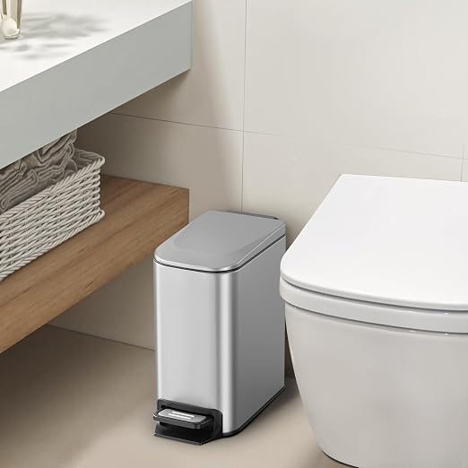 Cesun Small Bathroom Trash Can with Lid, 1.6 Gal, Soft Close, Sliver | Step pedal soft close, Slim 5.9in fits narrow spaces, Stainless steel, Anti-fingerprint, Removable inner bucket, Odor seal