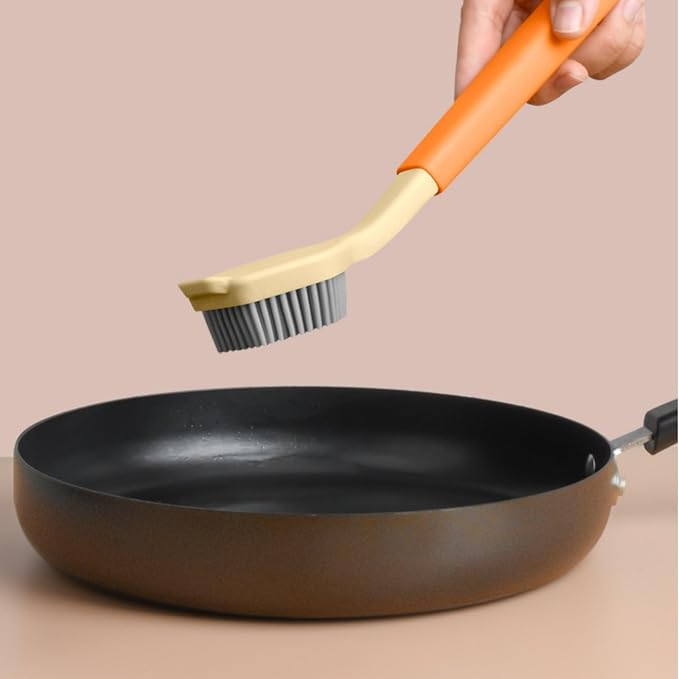 Silicone Dish Brush Kitchen Scrubber Pot Cleaner Pan Long Handle Soft Silicone Bristles Non Slip Grip Suitable for Home Cleaning Dish Washing Office Break Rooms, Orange