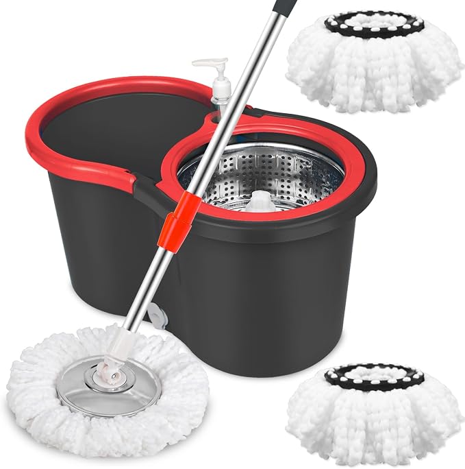 Spin Mop and Bucket with Wringer Set, 3 Mop Heads, 61" Adjustable Handle | 360° Spinning Mop Bucket System with 3 Microfiber Mop Heads & 61" Stainless Steel Adjustable Handle for Floor Cleaning