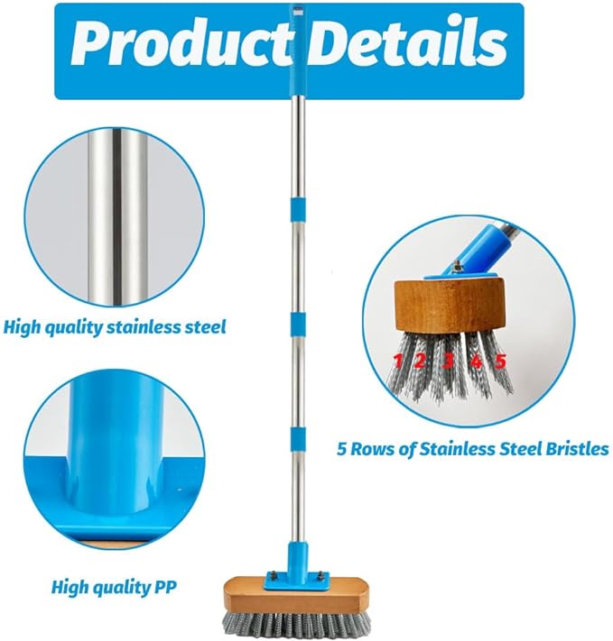 YONILL Stainless Steel Deck Scrub Brush with 60" Long Handle for Concrete | Heavy Duty Floor Scrubber Brush, Moss Remover Wire Cleaning Brushes for Rough Surface, Concrete Floor, Patio, Garden, Garage